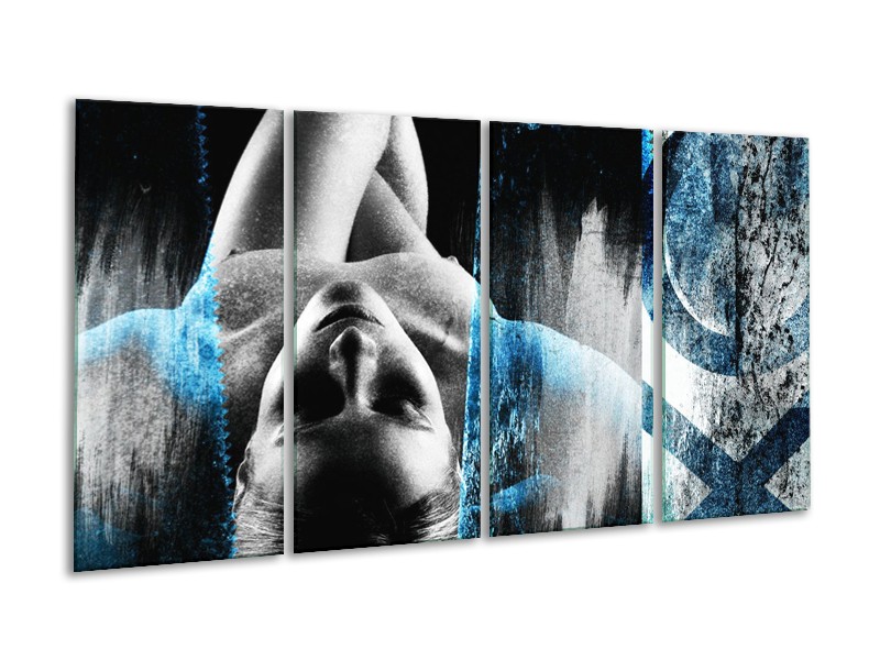 Glasschilderij Vrouw, Kunst | Grijs, Blauw | 160x80cm 4Luik