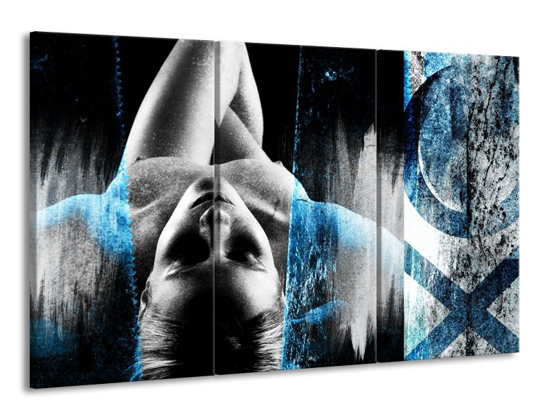 Canvas Schilderij Vrouw, Kunst | Grijs, Blauw | 165x100cm 3Luik