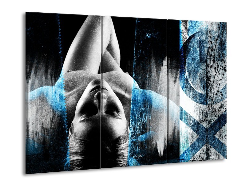 Glasschilderij Vrouw, Kunst | Grijs, Blauw | 60x90cm 3Luik