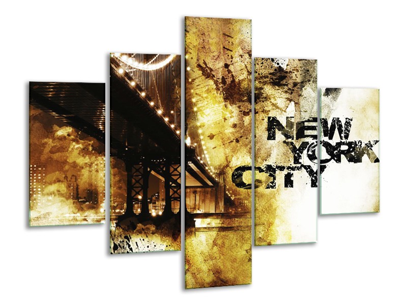 Canvas Schilderij New York, Modern | Bruin, Zwart, Geel | 100x70cm 5Luik