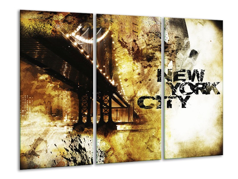 Glasschilderij New York, Modern | Bruin, Zwart, Geel | 120x80cm 3Luik