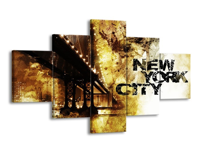 Canvas Schilderij New York, Modern | Bruin, Zwart, Geel | 125x70cm 5Luik