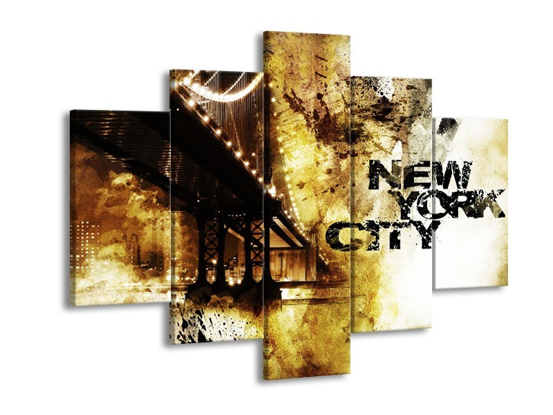 Canvas Schilderij New York, Modern | Bruin, Zwart, Geel | 150x105cm 5Luik