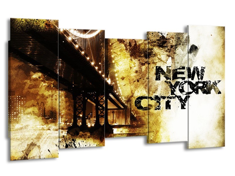 Canvas Schilderij New York, Modern | Bruin, Zwart, Geel | 150x80cm 5Luik