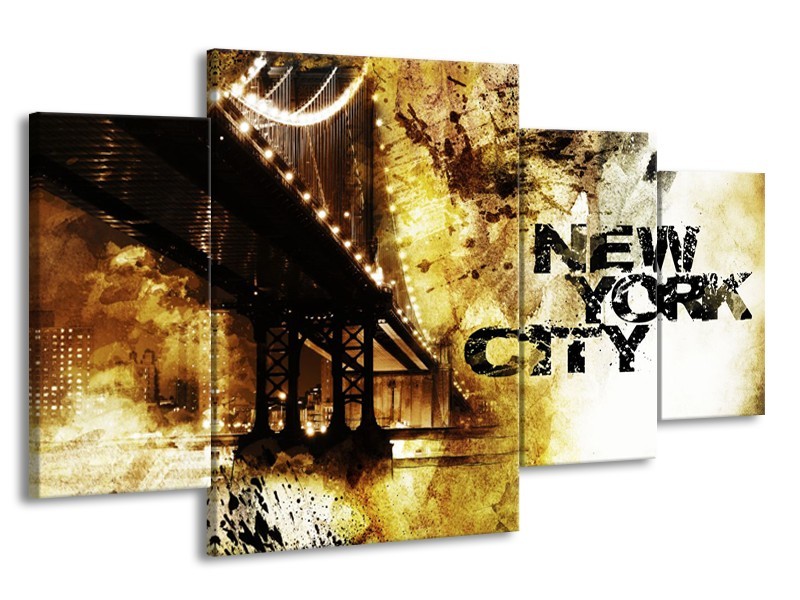 Canvas Schilderij New York, Modern | Bruin, Zwart, Geel | 160x90cm 4Luik