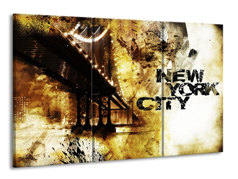 Canvas Schilderij New York, Modern | Bruin, Zwart, Geel | 165x100cm 3Luik