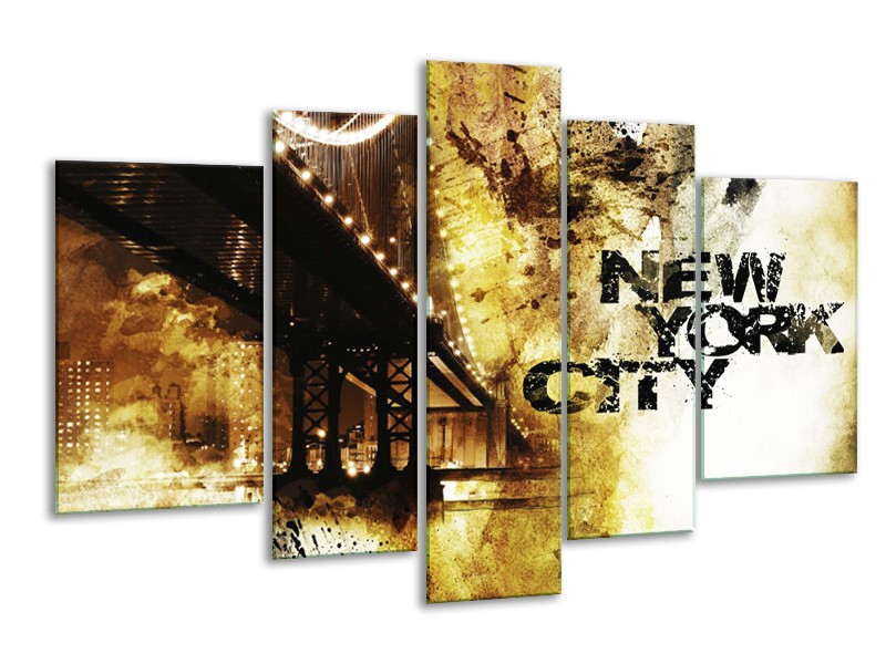 Canvas Schilderij New York, Modern | Bruin, Zwart, Geel | 170x100cm 5Luik