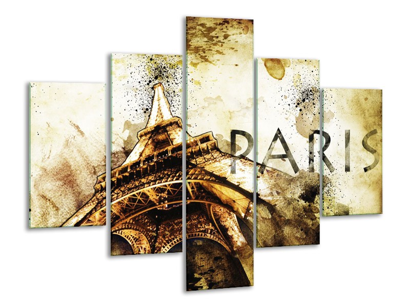 Canvas Schilderij Parijs, Eiffeltoren | Bruin, Zwart, Geel | 100x70cm 5Luik