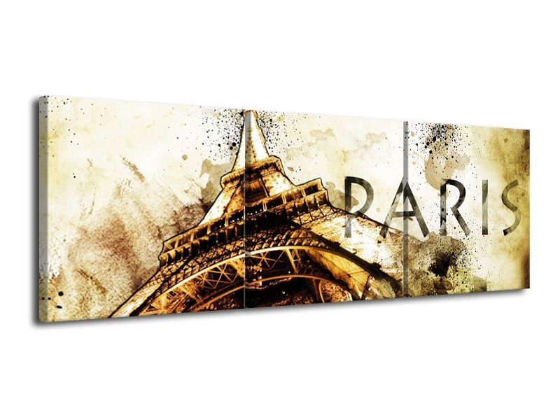 Glasschilderij Parijs, Eiffeltoren | Bruin, Zwart, Geel | 120x40cm 3Luik