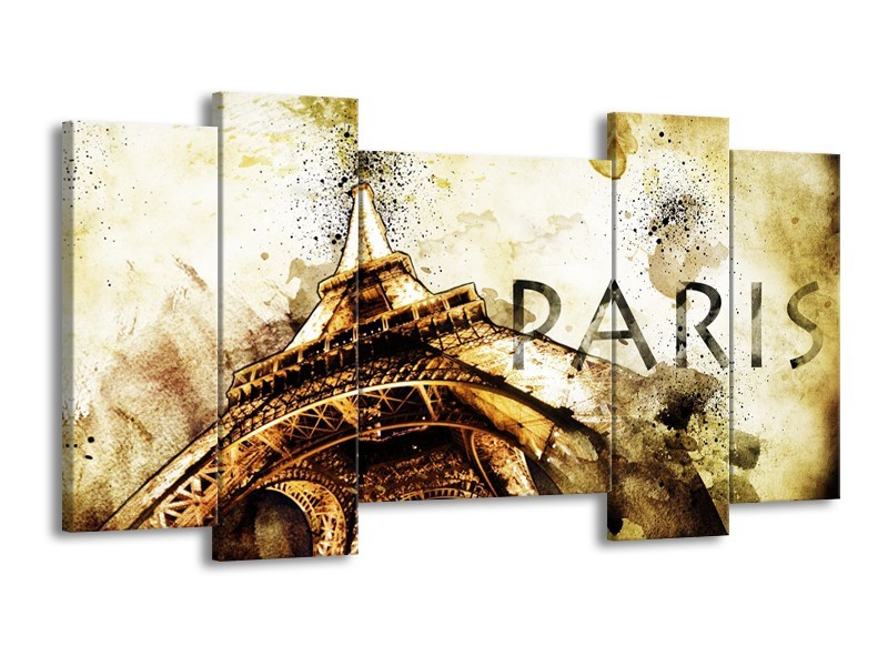 Canvas Schilderij Parijs, Eiffeltoren | Bruin, Zwart, Geel | 120x65cm 5Luik