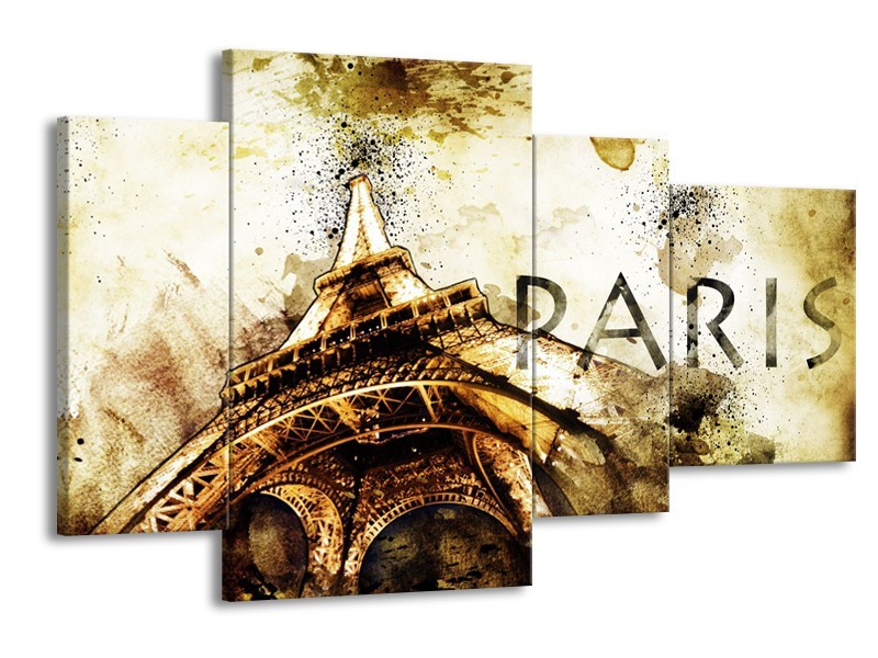 Canvas Schilderij Parijs, Eiffeltoren | Bruin, Zwart, Geel | 120x75cm 4Luik