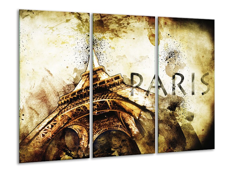 Glasschilderij Parijs, Eiffeltoren | Bruin, Zwart, Geel | 120x80cm 3Luik