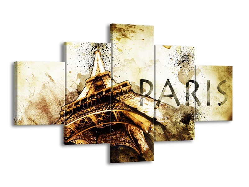 Canvas Schilderij Parijs, Eiffeltoren | Bruin, Zwart, Geel | 125x70cm 5Luik