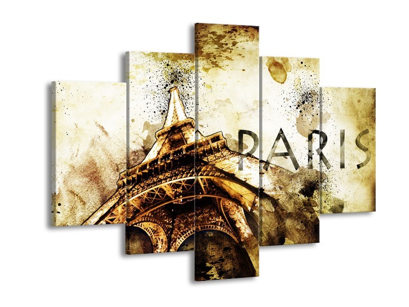 Canvas Schilderij Parijs, Eiffeltoren | Bruin, Zwart, Geel | 150x105cm 5Luik