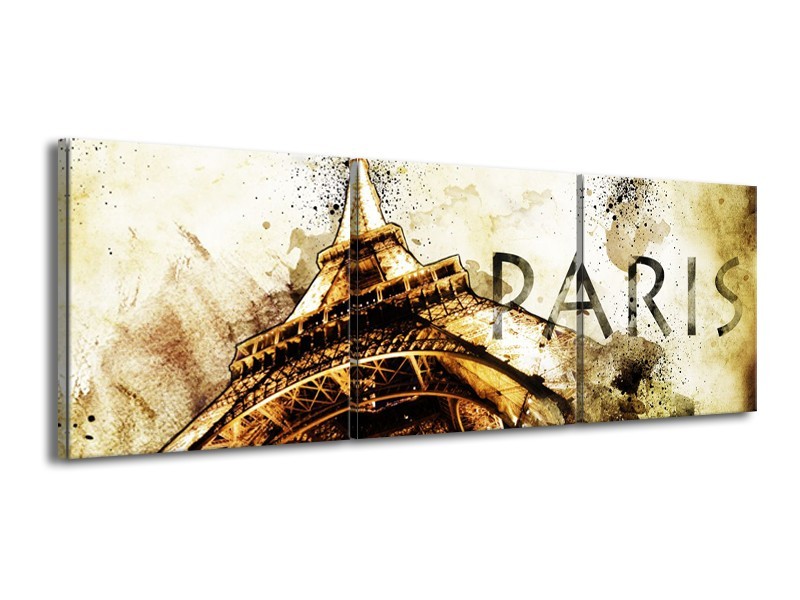 Glasschilderij Parijs, Eiffeltoren | Bruin, Zwart, Geel | 150x50cm 3Luik