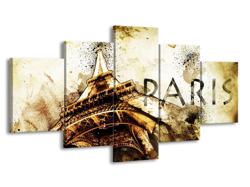 Glasschilderij Parijs, Eiffeltoren | Bruin, Zwart, Geel | 150x80cm 5Luik