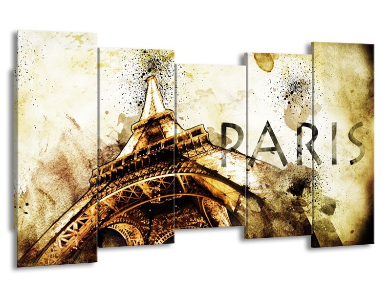 Canvas Schilderij Parijs, Eiffeltoren | Bruin, Zwart, Geel | 150x80cm 5Luik