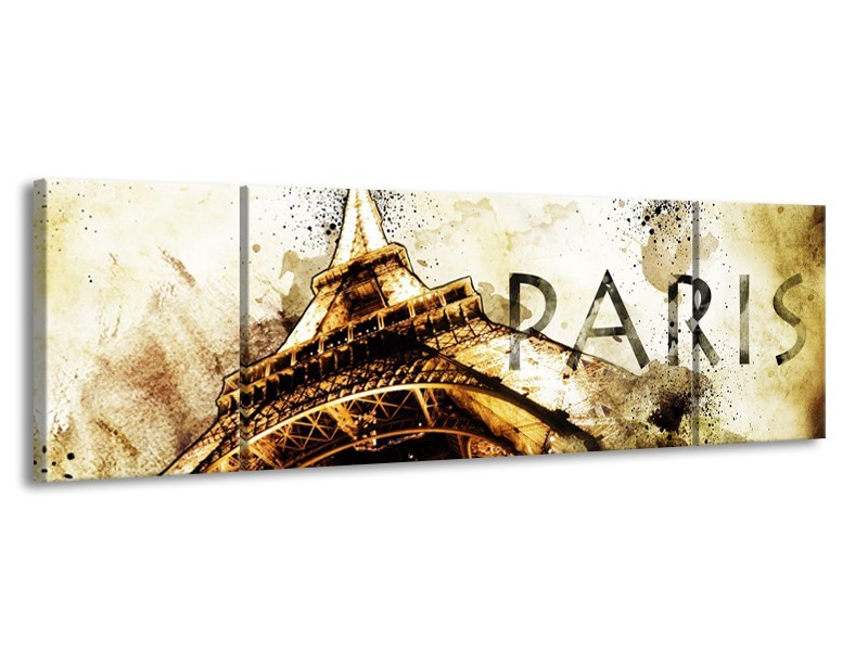Glasschilderij Parijs, Eiffeltoren | Bruin, Zwart, Geel | 170x50cm 3Luik