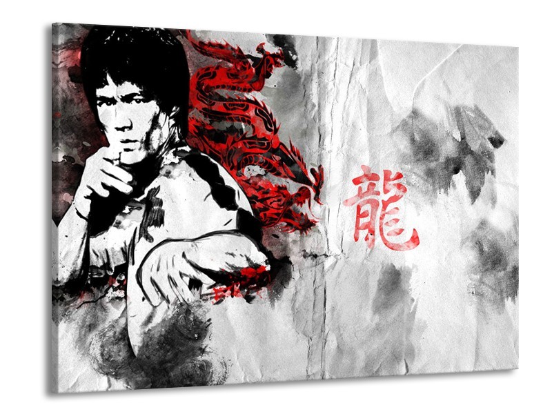 Glasschilderij Bruce Lee, Sport | Zwart, Wit, Rood | 100x70cm 1Luik