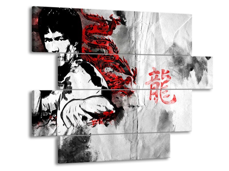 Glasschilderij Bruce Lee, Sport | Zwart, Wit, Rood | 115x85cm 4Luik