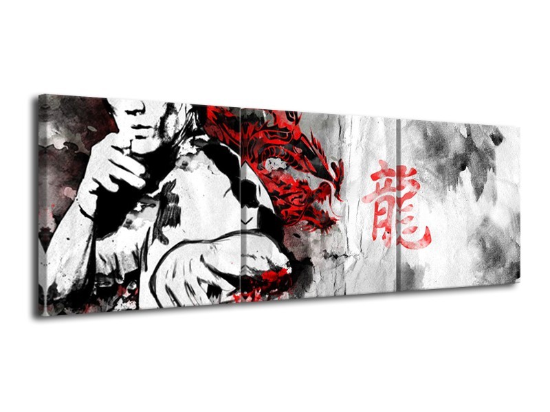 Glasschilderij Bruce Lee, Sport | Zwart, Wit, Rood | 120x40cm 3Luik