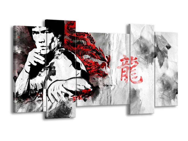 Canvas Schilderij Bruce Lee, Sport | Zwart, Wit, Rood | 120x65cm 5Luik