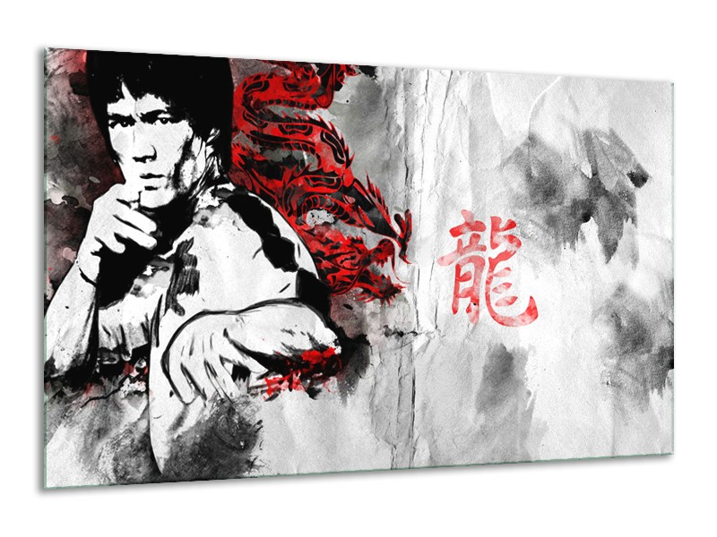 Glasschilderij Bruce Lee, Sport | Zwart, Wit, Rood | 120x70cm 1Luik