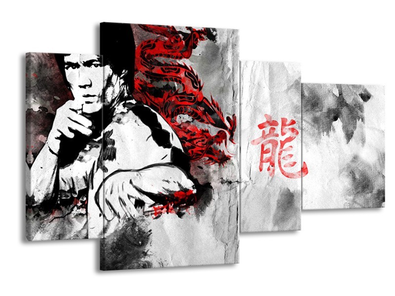 Glasschilderij Bruce Lee, Sport | Zwart, Wit, Rood | 120x75cm 4Luik