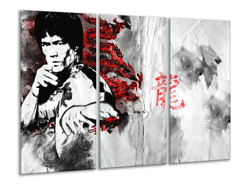 Glasschilderij Bruce Lee, Sport | Zwart, Wit, Rood | 120x80cm 3Luik