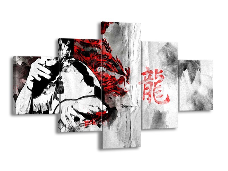 Glasschilderij Bruce Lee, Sport | Zwart, Wit, Rood | 125x70cm 5Luik