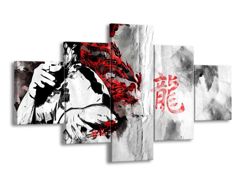 Canvas Schilderij Bruce Lee, Sport | Zwart, Wit, Rood | 125x70cm 5Luik