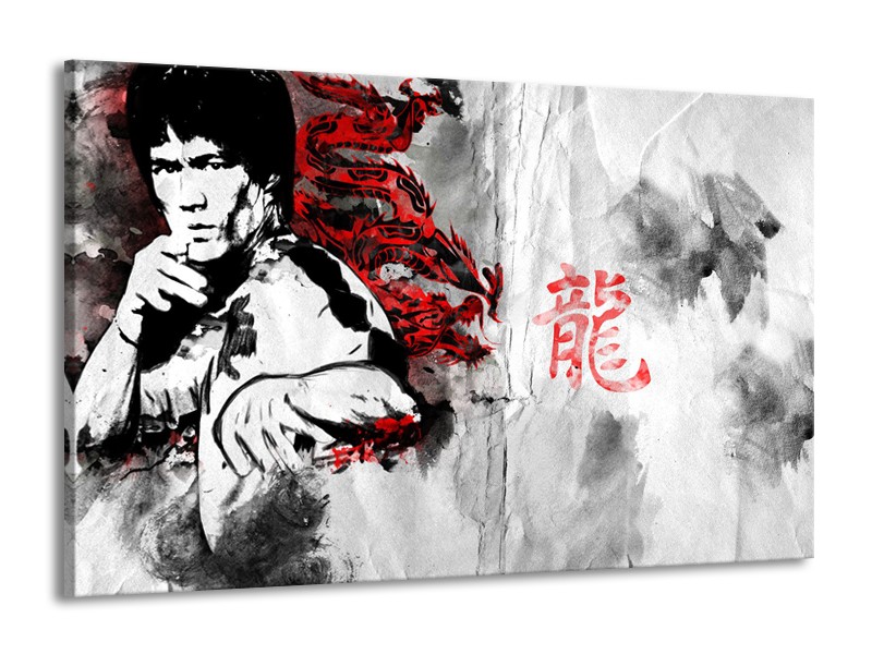 Glasschilderij Bruce Lee, Sport | Zwart, Wit, Rood | 140x90cm 1Luik