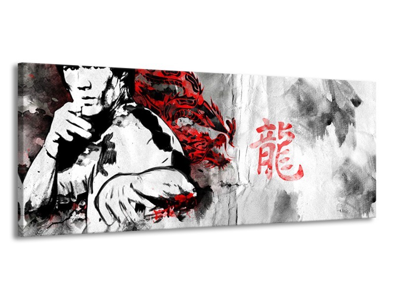Glasschilderij Bruce Lee, Sport | Zwart, Wit, Rood | 145x58cm 1Luik