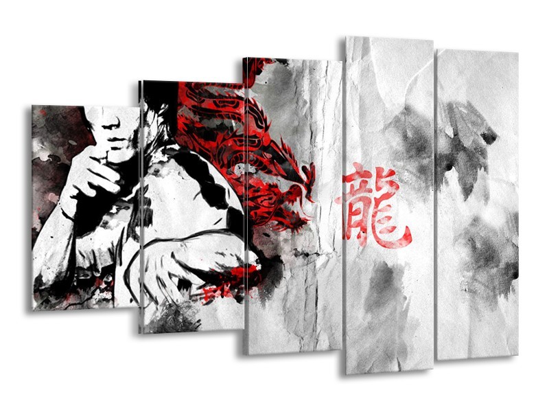 Canvas Schilderij Bruce Lee, Sport | Zwart, Wit, Rood | 150x100cm 5Luik