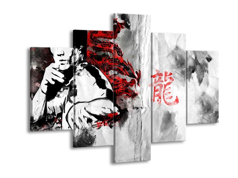 Canvas Schilderij Bruce Lee, Sport | Zwart, Wit, Rood | 150x105cm 5Luik