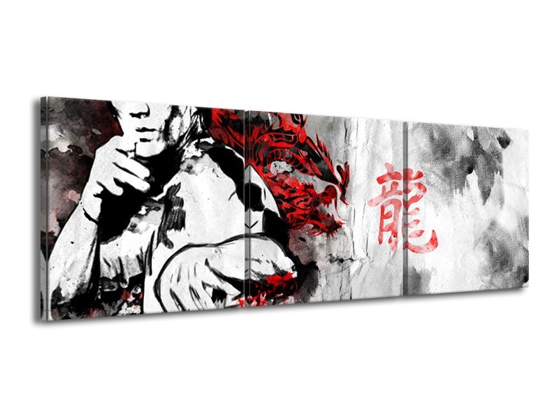 Canvas Schilderij Bruce Lee, Sport | Zwart, Wit, Rood | 150x50cm 3Luik