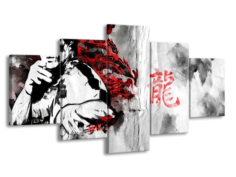 Glasschilderij Bruce Lee, Sport | Zwart, Wit, Rood | 150x80cm 5Luik