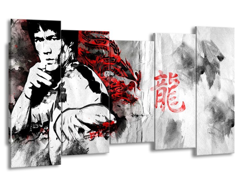 Glasschilderij Bruce Lee, Sport | Zwart, Wit, Rood | 150x80cm 5Luik