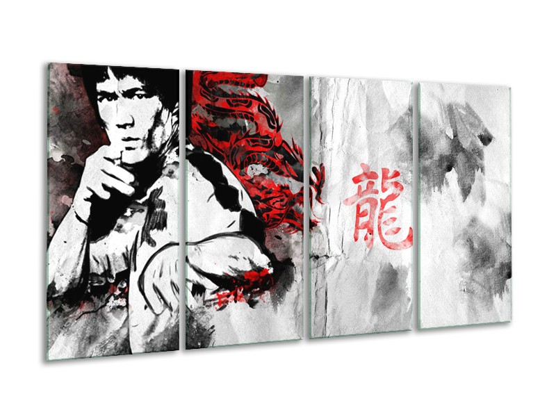 Glasschilderij Bruce Lee, Sport | Zwart, Wit, Rood | 160x80cm 4Luik