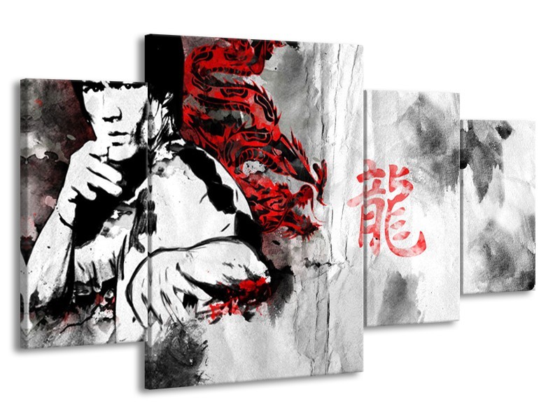Glasschilderij Bruce Lee, Sport | Zwart, Wit, Rood | 160x90cm 4Luik