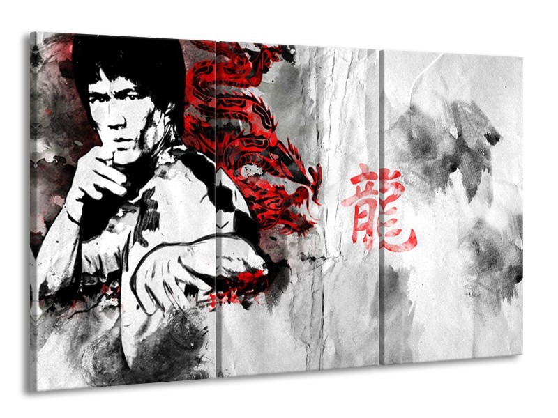Canvas Schilderij Bruce Lee, Sport | Zwart, Wit, Rood | 165x100cm 3Luik