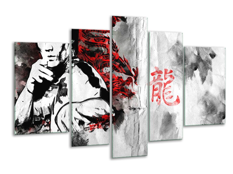 Glasschilderij Bruce Lee, Sport | Zwart, Wit, Rood | 170x100cm 5Luik