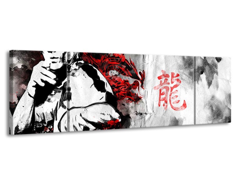 Canvas Schilderij Bruce Lee, Sport | Zwart, Wit, Rood | 170x50cm 3Luik