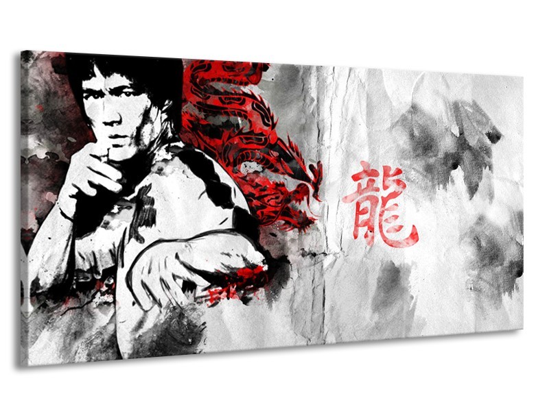 Canvas Schilderij Bruce Lee, Sport | Zwart, Wit, Rood | 170x90cm 1Luik