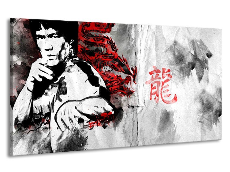 Canvas Schilderij Bruce Lee, Sport | Zwart, Wit, Rood | 190x100cm 1Luik