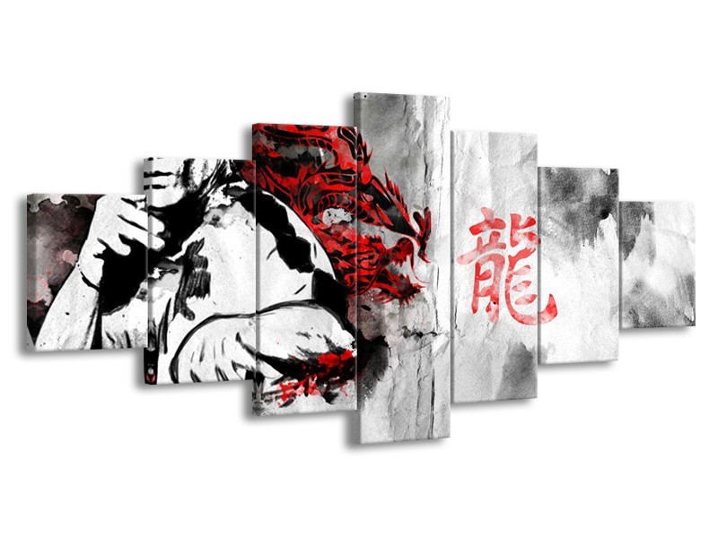 Canvas Schilderij Bruce Lee, Sport | Zwart, Wit, Rood | 210x100cm 7Luik