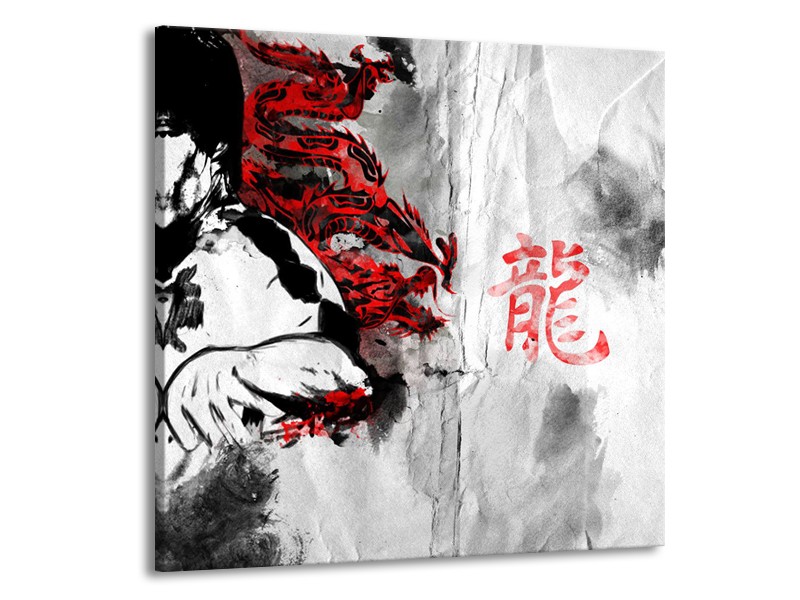 Glasschilderij Bruce Lee, Sport | Zwart, Wit, Rood | 50x50cm 1Luik