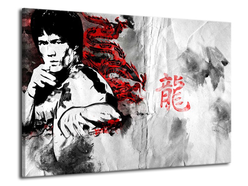 Glasschilderij Bruce Lee, Sport | Zwart, Wit, Rood | 70x50cm 1Luik