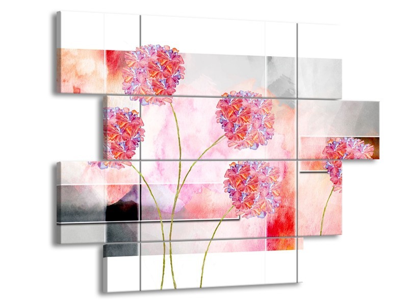 Canvas Schilderij Modern, Bloemen | Grijs, Roze | 115x85cm 4Luik