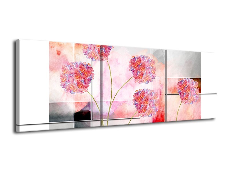 Canvas Schilderij Modern, Bloemen | Grijs, Roze | 120x40cm 3Luik